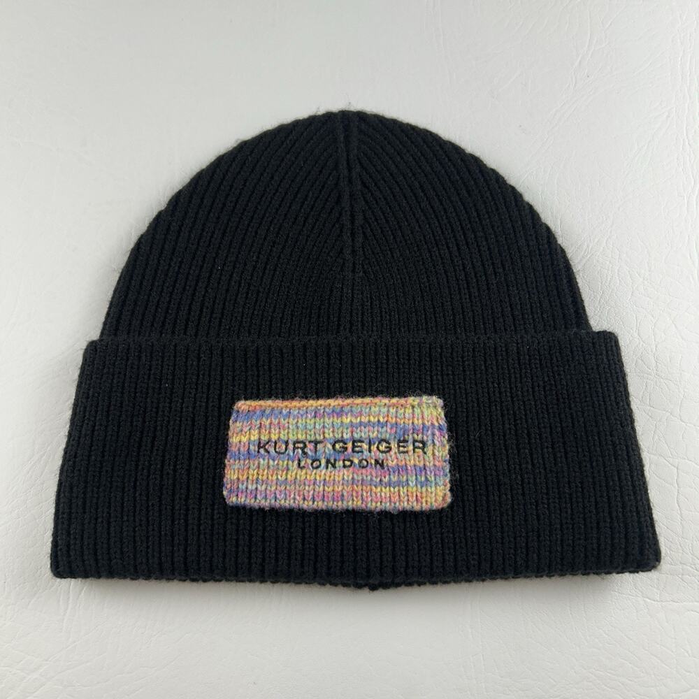 Kurt Geiger London Black Ribbed Knit Beanie Multicolor Logo Patch Cuffed Hat